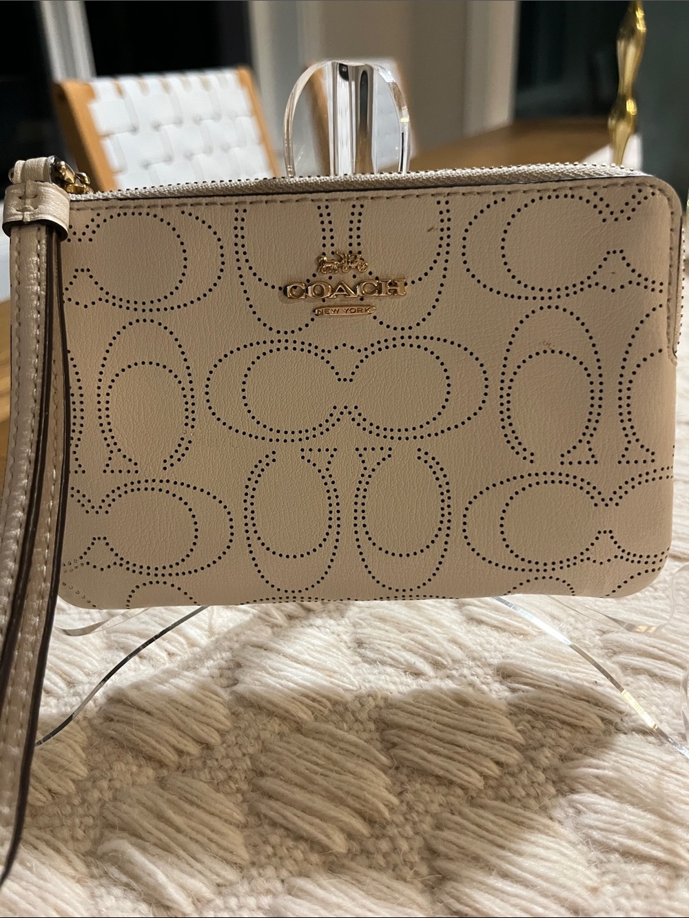 EUC Coach Cream Perforated Signature Wristlet